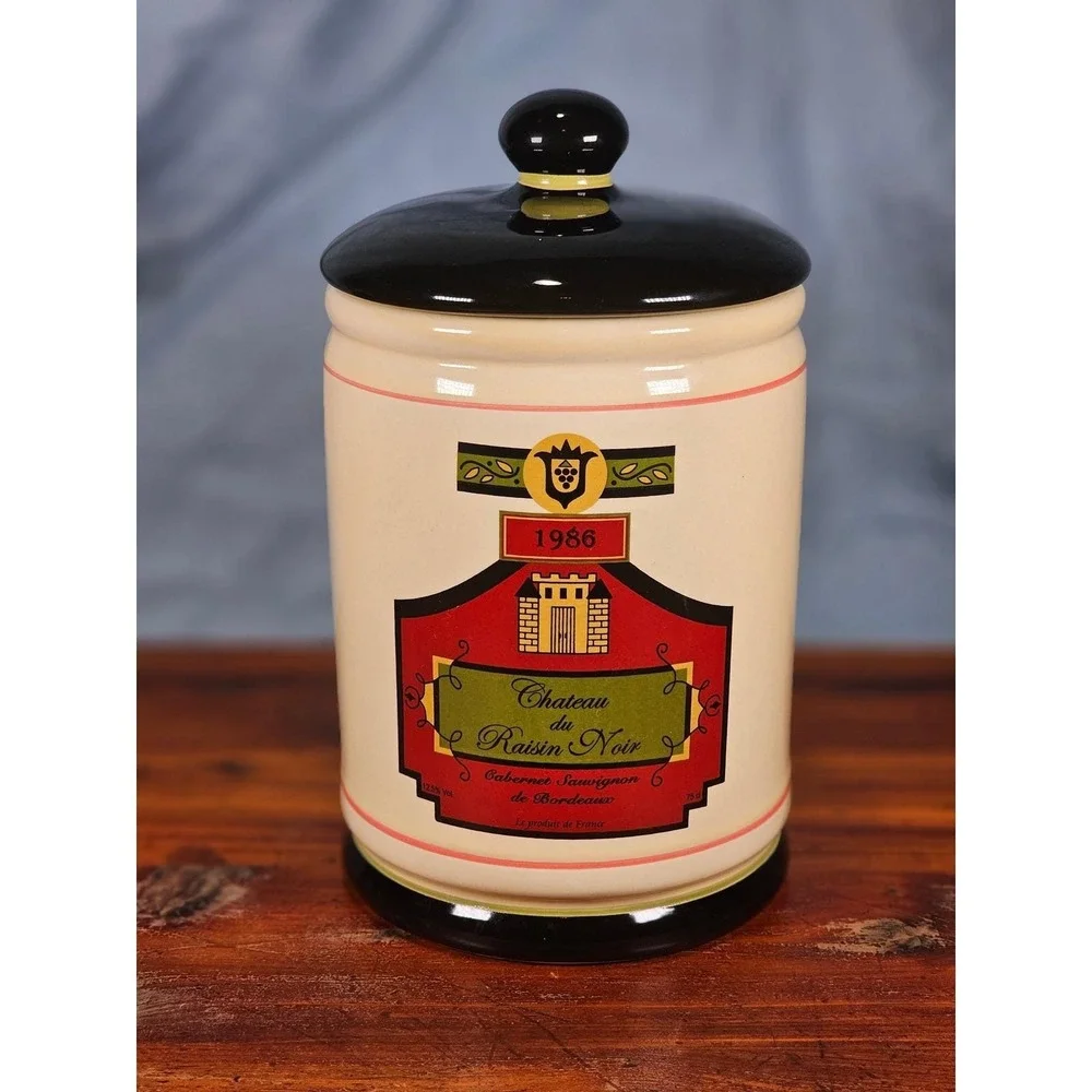 Vintage OGGI French Wine Label Ceramic Canister With Lid 9 In
